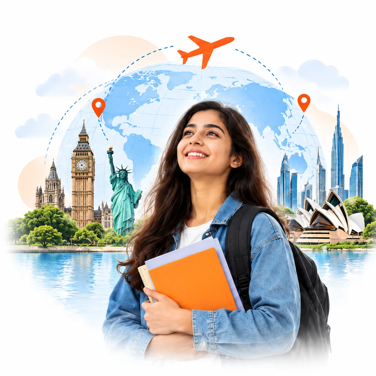 Student holding notebooks in front of a globe and international landmarks